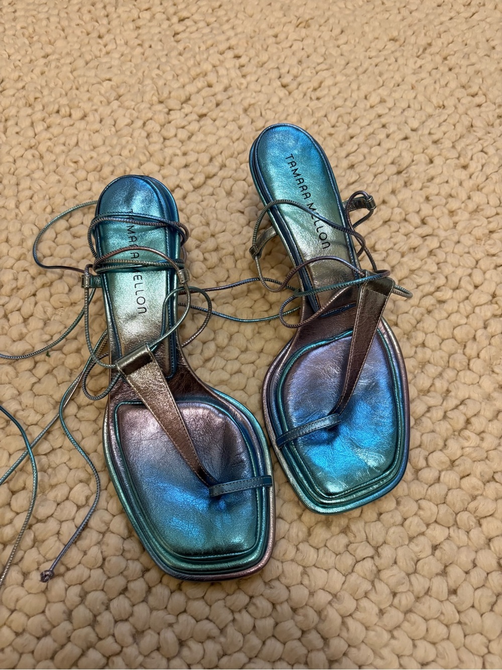 Tamara Mellon Iridescent Teal Lace-Up Square-Toe Sandals